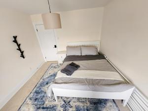 a white bedroom with a bed with a rug at Ottawa Downtown Cozy Guesthouse in Ottawa
