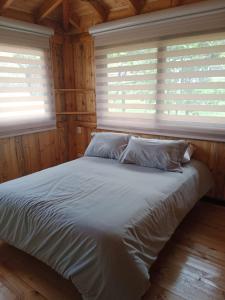 Cama en habitación con 2 ventanas en Cabaña Colibri, en Paipa
