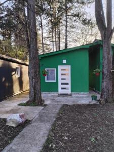 un edificio verde con una puerta blanca y árboles en Vikendica Aki, en Zajecar