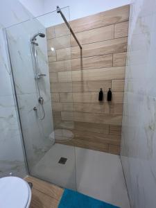 een badkamer met een douche en een glazen deur bij Da Lello: Luxury Loft strategico in Marigliano