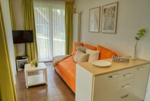 a living room with a couch and a table at Apartma Pikabooth Terme Topolšica in Topolšica
