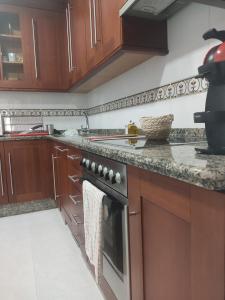 a kitchen with wooden cabinets and a stove at AGARIMO APARTAMENTO in Pontevedra