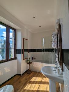 uma casa de banho com um lavatório e uma banheira em Trente-Trois Le Nouhaud em Saint-Amand-Jartoudeix
