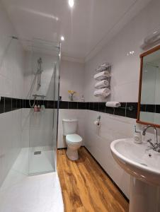 uma casa de banho com um chuveiro, um WC e um lavatório. em Trente-Trois Le Nouhaud em Saint-Amand-Jartoudeix