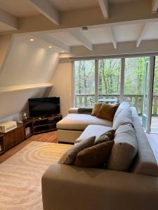 Il comprend un salon doté d'un canapé et d'une télévision à écran plat. dans l'établissement De Lodge, à Durbuy
