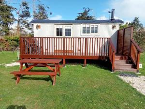 a tiny house with a picnic table and a deck at Woodpecker Shepherds Hut in Boston