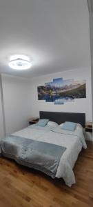1 dormitorio con 1 cama con edredón azul en ESTUDIO COMPLETO FAMILIAR, en La Jonquera