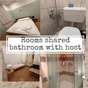 a room with a bathroom with a toilet and a shower at Rooms Gollner in Zagreb