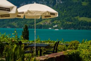 einen Tisch und Stühle mit einem Sonnenschirm und einem See in der Unterkunft Seeblick SMART Hotel Rössli in Murg