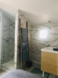 La salle de bains est pourvue d'un mur recouvert de marbre. dans l'établissement Maison situé au centre d'Enghien les Bains avec jardin et parking privé, à Enghien-les-Bains