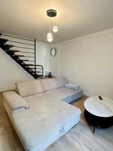 uma sala de estar com um sofá e uma mesa em Duplex + balcon proche centre em Grenoble