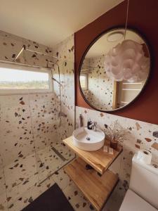 uma casa de banho com um lavatório e um espelho em DIDO house em Slavske