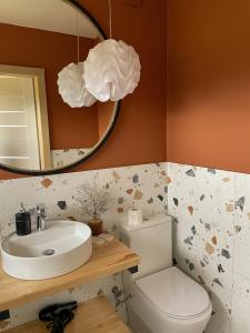 a bathroom with a sink and a mirror and a toilet at DIDO house in Slavske