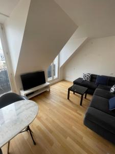 a living room with a couch and a tv at Paris Centre Place Saint Michel in Paris