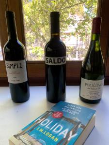 zwei Flaschen Wein auf einem Tisch neben einem Buch in der Unterkunft Habitación En España 1512 in Mendoza