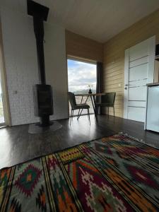 a living room with a fireplace and a tv and a rug at DIDO house in Slavske