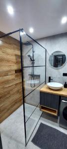 uma casa de banho com um chuveiro e um lavatório. em Apartmán Porte em Košice