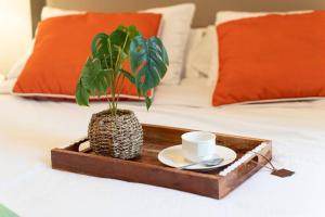 a tray with a coffee cup and a plant on a bed at Fabulous 2Bdr Duplex in Yaletown in Vancouver