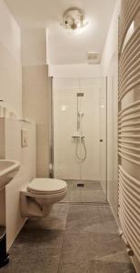 biała łazienka z toaletą i prysznicem w obiekcie Große, geräumige Unterkunft für bis zu 13 Personen! w Lipsku