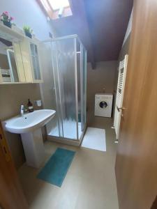 een badkamer met een glazen douche en een wastafel bij villa california seafront in Montesilvano