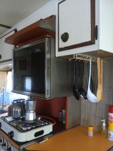 a kitchen with a stove and a microwave at Backpack Cabin A 49149 in Oranjestad