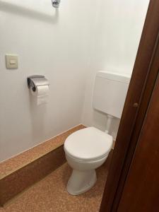 een wit toilet in een badkamer met een toiletpapierdispenser bij Zimmer mit eigener Dusche & WC , beim Stausee in Schömberg