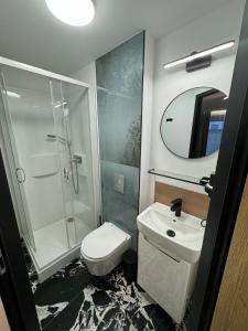 a bathroom with a sink and a toilet and a mirror at Cicha4 Apartments in Krynica Morska