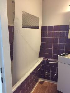 ein Badezimmer mit lila gefliesten Wänden und einer Badewanne in der Unterkunft Ferienwohnung Strandkorb in Schleswig
