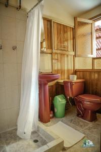 ein Bad mit einem Waschbecken und einem WC in der Unterkunft BEAUTIFUL, SPACIOUS & COZY HOUSE LOCATED IN THE HEART OF CUSCO in Cusco