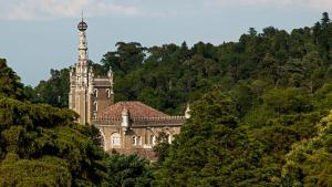 un antiguo edificio en medio de los árboles en Palace Hotel do Bussaco, en Luso