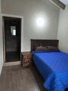 a bedroom with a blue bed and a mirror at Casa de campo Sueño Amatista in Gachetá