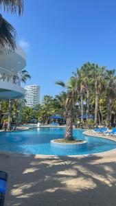 a large swimming pool with palm trees in a resort at Punta Centinella Yacht Club in Santa Elena