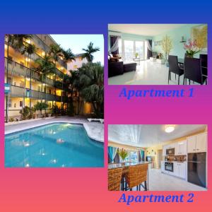 un collage de fotos de un apartamento con piscina en Apartment in downtown at the beach, en Nassau