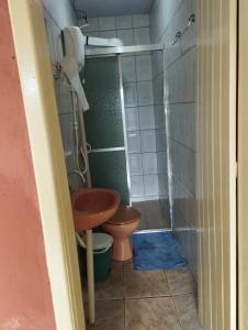 a small bathroom with a toilet and a shower at Casa da Vó Bia in Alto Caparao +12 photos