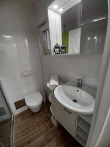 a white bathroom with a toilet and a sink at ZIL - Studio Apartment City Center in Zagreb