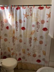 a bathroom with a shower curtain and a toilet at Estela, habitación privada de Flor de Lis Beach House in Playas