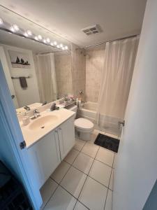 a bathroom with a sink and a toilet and a mirror at Downtown Toronto Suite By The Lake in Toronto