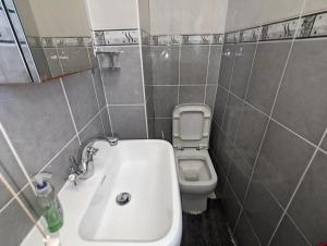 a bathroom with a sink and a toilet at Stepney Green Self Contained Studio in London