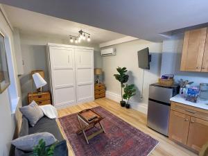 a living room with a couch and a kitchen at Renovated Studio, Near Hospitals, Mbta in Boston