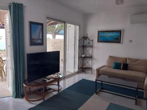 a living room with a couch and a flat screen tv at Villa Margo by the Sea in Paphos City