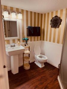 a bathroom with a sink and a toilet at The Village Inn Hotel in Milwaukee