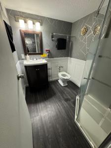 La salle de bains est pourvue d'un lavabo et de toilettes. dans l'établissement The Village Inn Hotel, à Milwaukee