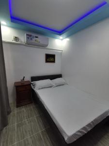 1 dormitorio con 1 cama grande y techo azul en Homelux Transient House, en Ciudad de Cauayán