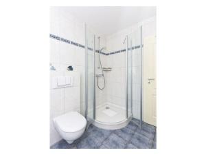 a bathroom with a toilet and a shower at Friesengold Modern retreat in Bensersiel +28 photos