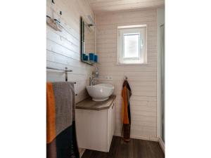 een kleine badkamer met een wastafel en een raam bij Houseboat Harmony in Stralsund +16 foto's