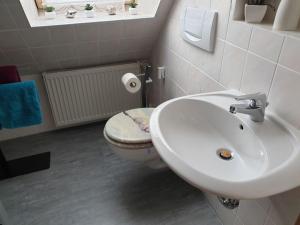 a bathroom with a white sink and a toilet at Holiday apartment by the forest in Kölpinsee