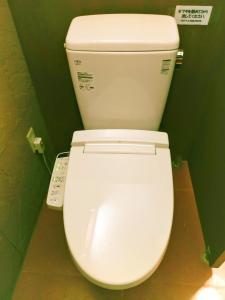 a white toilet with a remote control next to it at G-4 Gramping Sauna 白馬森のわさび農園 in Hakuba