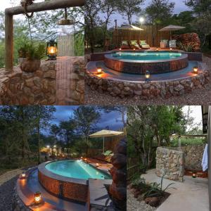 a pool with lights in a backyard at night at Grace of Africa, Couples 5 STAR Nature Lodge in Marloth Park