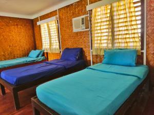 two beds in a room with blue sheets and windows at Lokal Hut Bed and Breakfast in Puerto Princesa City