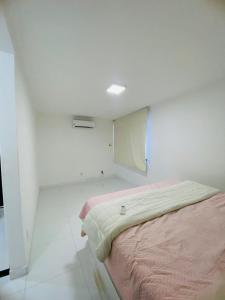 een kleine witte kamer met een bed erin bij Apartamento Amplo Luzia Próx Shopping Jardins in Aracaju
